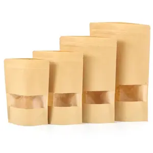 100 x Biodegradable Paper Pouch Bag with Window Eco-Friendly Kraft Foil Stand Up Pouches BPA Free Food Storage Bags Kitchen Containers Plastic Utensils