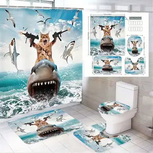 1/4pcs Marine Theme Shark & Cat Shower Curtain Set, Brown Cat with Guns on Shark, Ocean Waves Seagulls Design, Matching Toilet Lid Cover & Floor Mat, Perfect for Beach Lovers Adventure Bathroom Decor, Great for Summer Vacation Housewarming Gift
