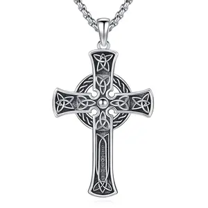 DRINSPER S925 Sterling Silver Infinity Celtic Knot Cross Necklace, Statement Religious Pagan Protection Jewelry, Cross Necklaces, Statement Religious Necklace