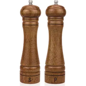 Wood Salt and Pepper Grinder Set, 8 Inch Oak Wood Salt Mill and Pepper Grinder Set with Adjustable Ceramic Rotor, Refillable Seasoning Shakers for Kitchen, Dining Table, BBQ and Daily Cooking