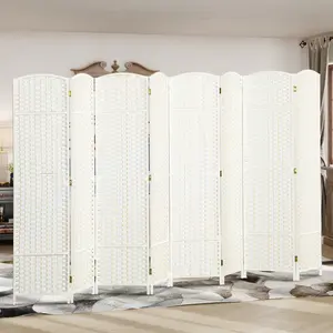 8 Panel Folding Room Divider – White. 5.6' Tall Freestanding Partition. Hand-Woven PP (Water Repellent + Tear-Resistant). Pine Frame + Arched Top