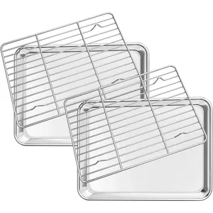 Baking Sheet with Rack Set [2 Sheets + 2 Racks], Stainless Steel Cookie Half Sheets Baking Pan Oven Tray with Cooling Rack, 9 x 7 x 1 Inch, Heavy Duty, , Easy Clean