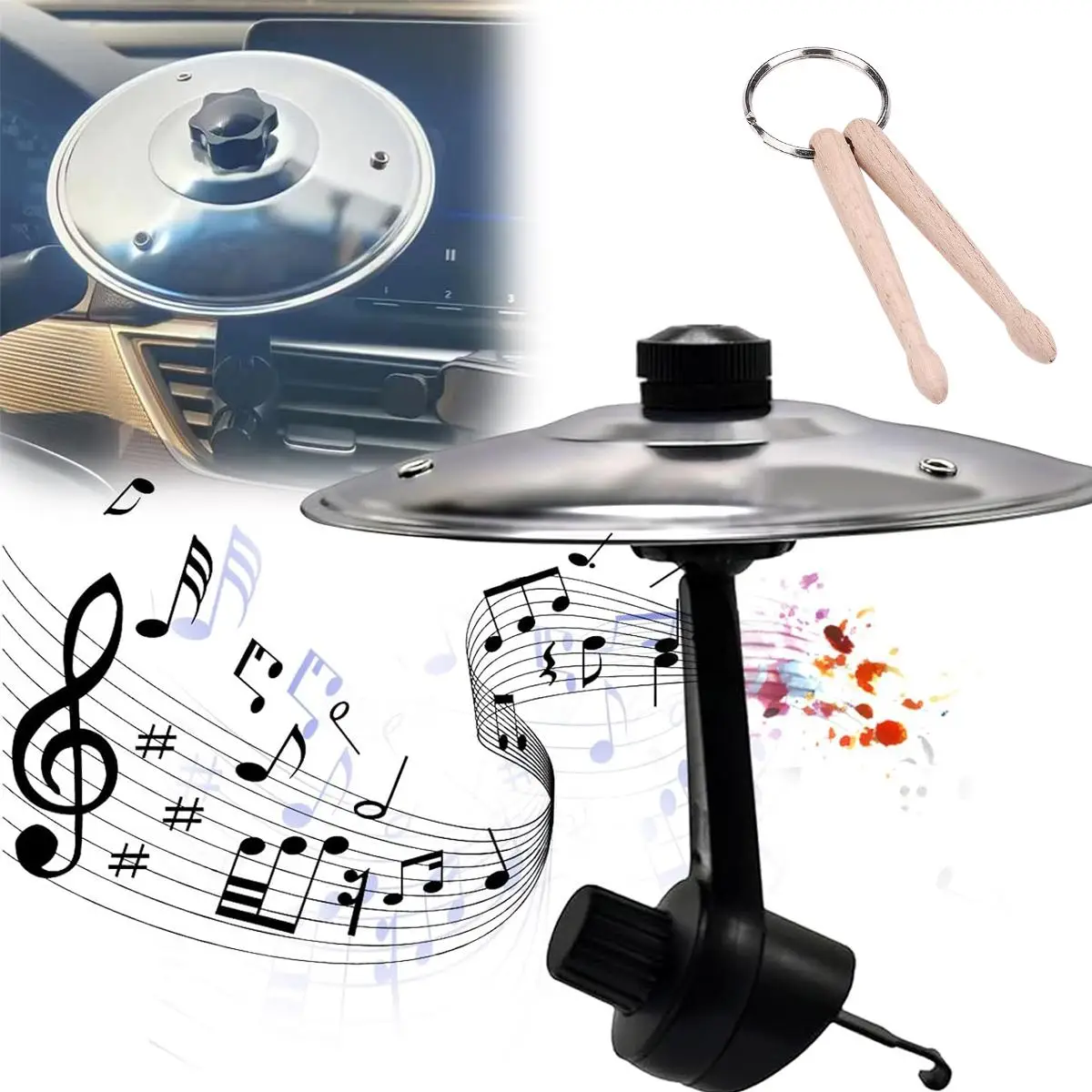 Car Air Vent Crash Cymbal with 2 Mini Drumsticks, Car Symbol Drum Set Portable Musical Accessory for Enthusiasts, Fun Christmas Halloween Father's Day