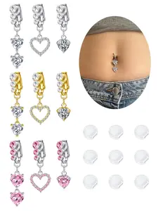 3Pcs Fake Belly Button Piercing for Women Dangle Heart Clip on Belly Button Rings Silver Gold Pink Fake Belly Button Rings Non Piercing Belly Rings Stainless Steel Faux Navel Jewelry Belly Hoops