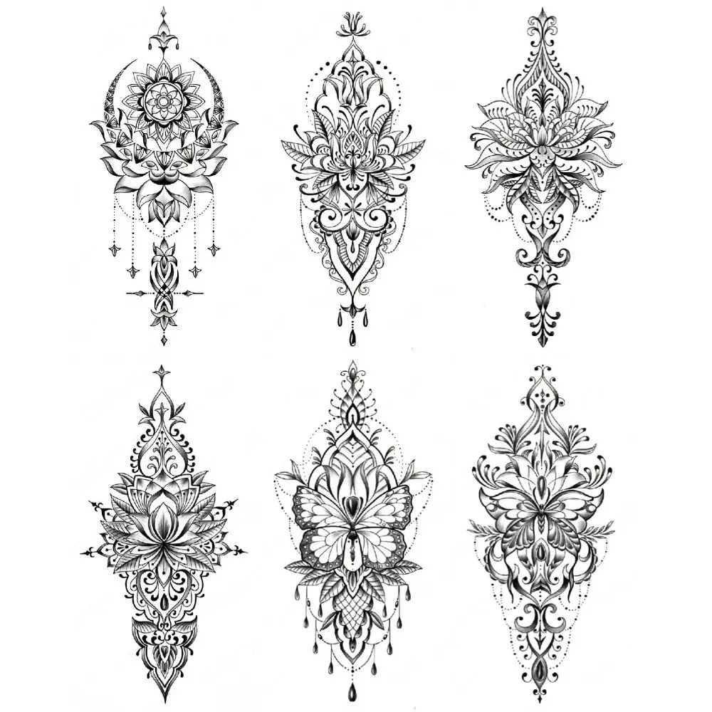 6PCS Mandala Lotus Crescent Pendant Temporary Tattoo Patch Suitable for Women and Girls Suitable for Small Full Arm, Back of Hand or Lower Leg Waterproof Durable Temporary Tattoo Patch