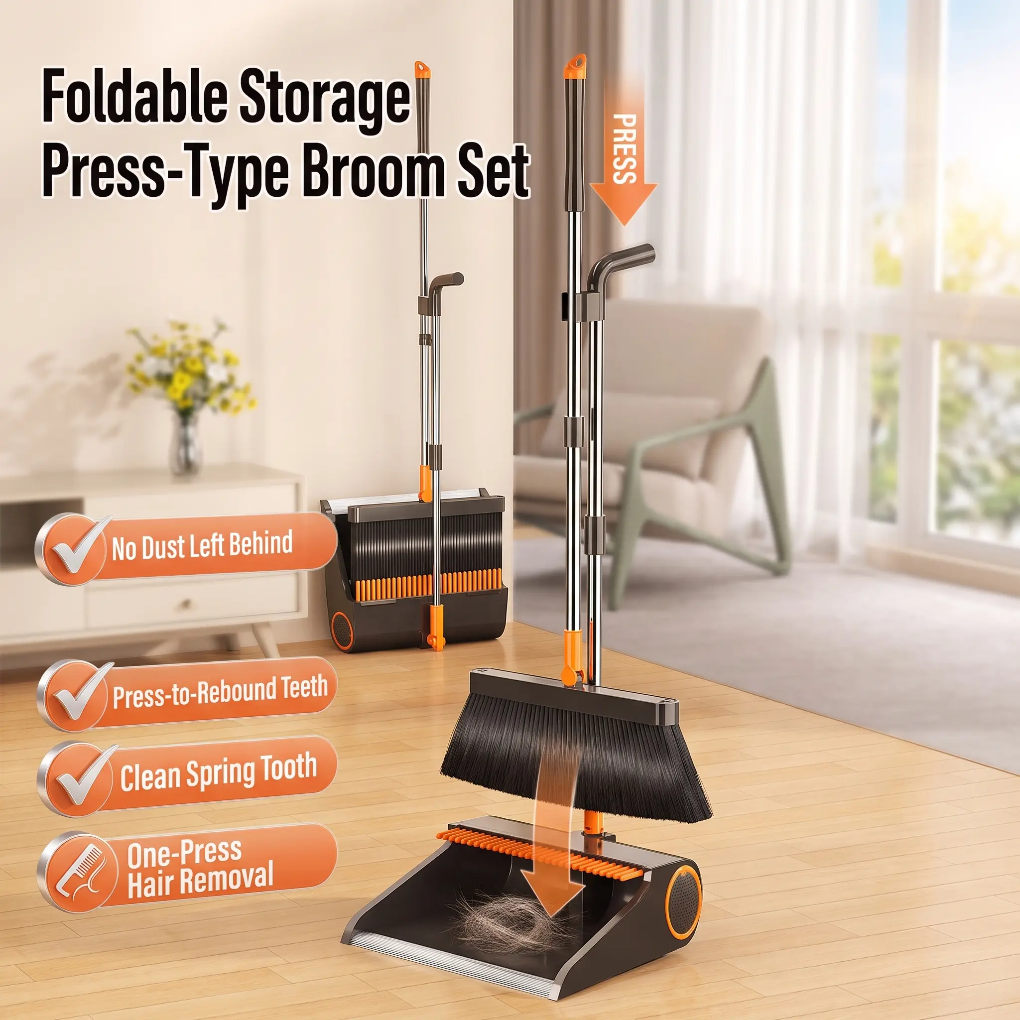 Foldable Storage Press-Type Broom Set with No Dust Left   Behind Press-to-Rebound Teeth Clean Spring Tooth One-   Press Hair Removal