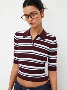 CIDER Knit Collar Stripe Button Mid-length Sleeve Top