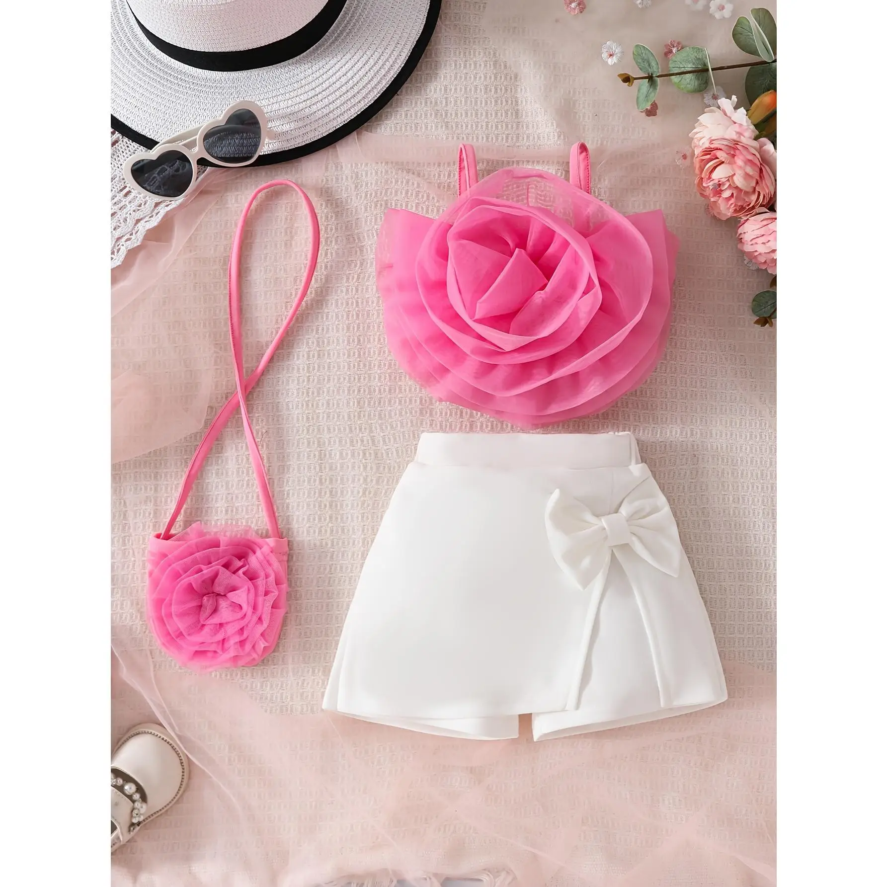 3pcs Toddler Girl Fashion Mesh Large Flower Strap Top + Bow Short Skirt + Decorative Baby Summer Casual Sweet Set