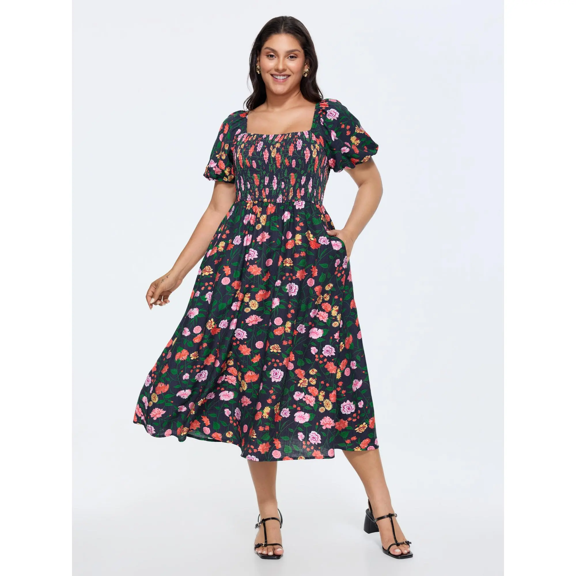 BloomChic Plus Size Floral Print Maxi Dress, Timeless Bell Sleeve Design with a Simple Pull-On Style and Side Pocket, Smooth Nylon Polyester Blend