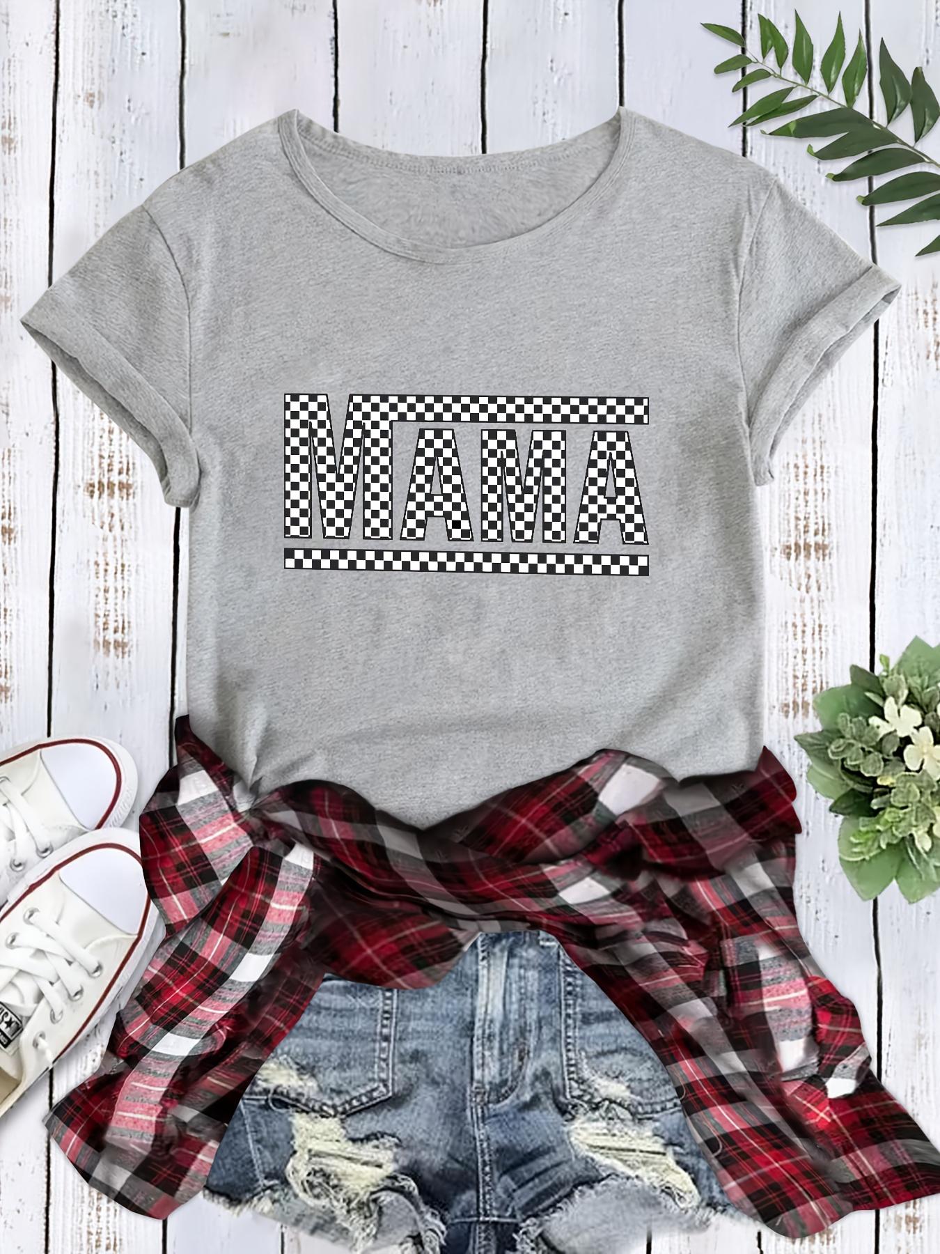 Women's Casual Loose Fit T-Shirt - Black & White Checkered MAMA Graphic Print, Breathable Summer Top with Round Neck, Machine Washable, Ladies T Shirts, Casual Attire, Relaxed Fashion, Nontransparent Material
