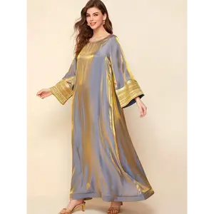 Luxurious Long Sleeve Maxi Kaftan Dress - Elegant Crew Neck, Contrast Sequin Details, Polyester Fabric, Solid Color, Woven, No Elasticity, Middle East Style, Perfect for All Seasons