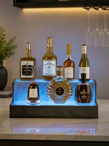 【FathersDayGift】20-Inch LED Lighted Liquor Bottle Display Shelf - App & Remote Control, Music Sync, 2-Step Freestanding Home Bar Organiser, Modern Cement Grey Decor & Furniture for Man Cave customized Remote Control  Music Sync Gift for Home Bar