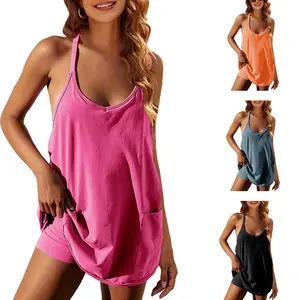 Women's Summer Sleeveless Mini Dress V Neck Spaghetti Straps Athletic Built-in Shorts Sundress
