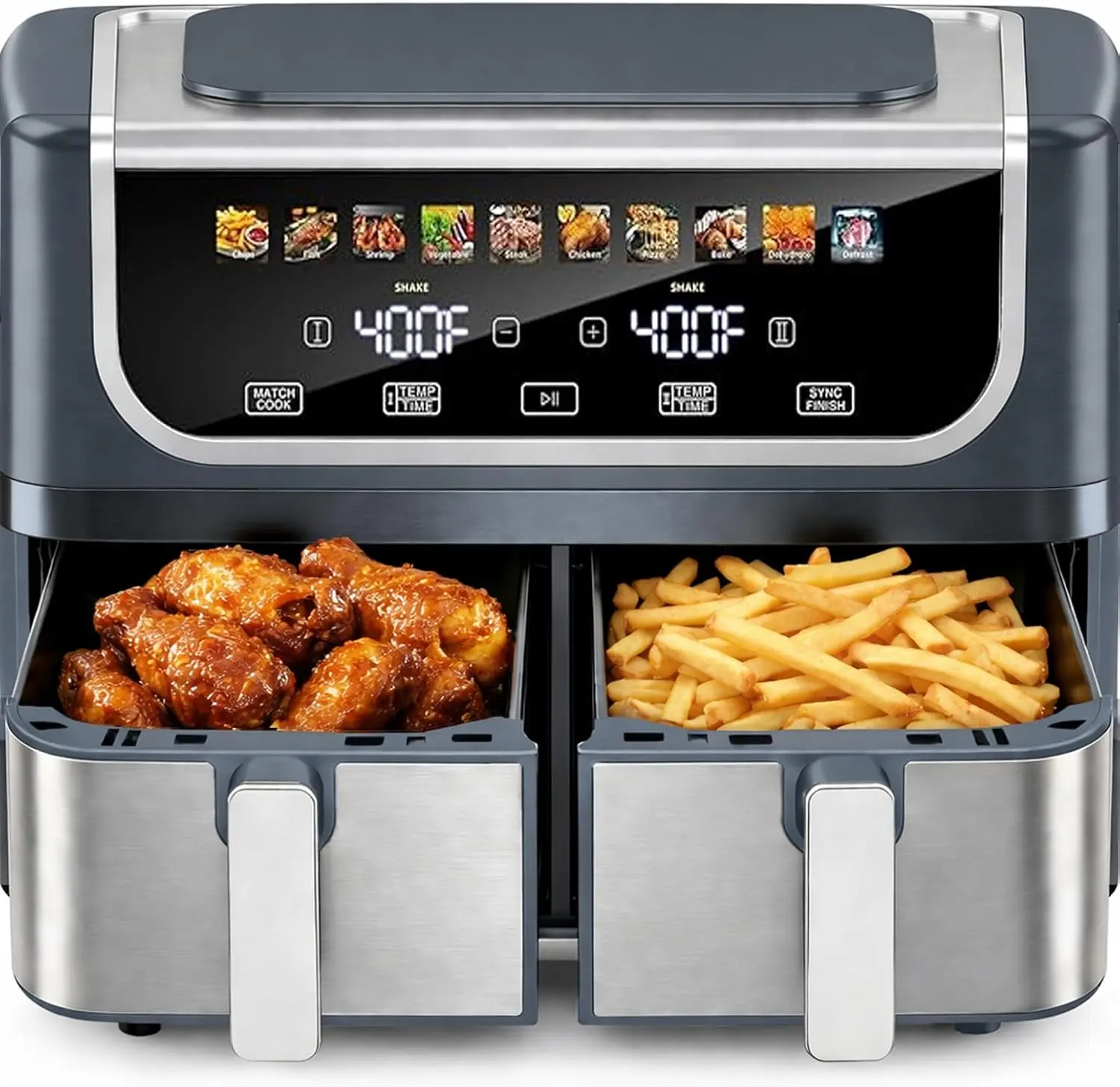 Simple Deluxe 12.6-Qt Compact Dual Cooking Fryer - 10-in-1 1700W Smart Kitchen Digital Display Airfryer, 10-in-1 Digital Preset, Sync Cook, Dual Temp Control, Shake Reminder, Nonstick Basket, Grey