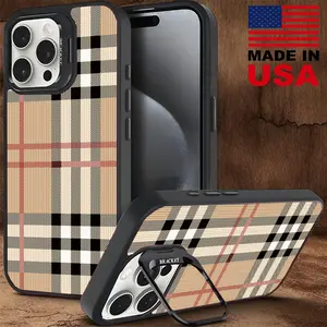 Retro Plaid Texture Magsafe Phone Case for iPhone|16|15|14|13|12|PRO PLUS MAX Hard TPU Metal Lens Frame with Stand Shockproof and Drop-Proof Protective Case|Camera Stand Phone Case Couple Protective Case