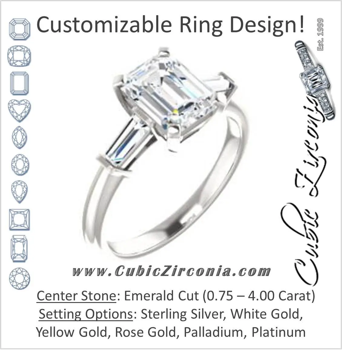Cubic Zirconia Engagement Ring- The Monica (Customizable Emerald Cut Center with Dual Tapered Baguettes)
