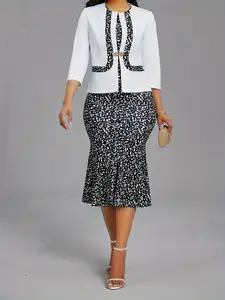 Fashionable women's mid-sleeved contrasting color spliced ​​fishtail slim and elegant dress set TK011 Suit Outfits