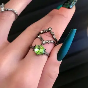 Sparkly Green Hex Gothic Ring Set - 2 Piece