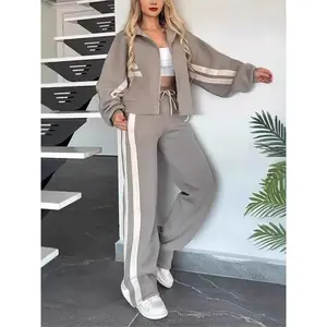 Fashion Lapel Long Sleeve Zipper Coat + Wide-leg Pants 2-piece Set Women Winter Color-blocking Loose Casual Sports Suit Female