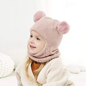 Kids Winter Thickened Knit Hat 2 in 1 Face Protection Scarf Caps Cute Bubble Decor Beanie Cap