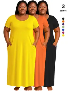 Plus Size Women's Solid Color Dress, Sexy Round Neck Short-Sleeved Long Dress, European and American Summer New Arrival, Casual Style