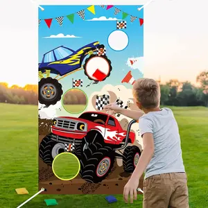 2D Flat Banner Door Cover Monster Truck Party Game, Indoor Outdoor Activity, 4 Score Holes, Happy Birthday Party Supplies for Adults