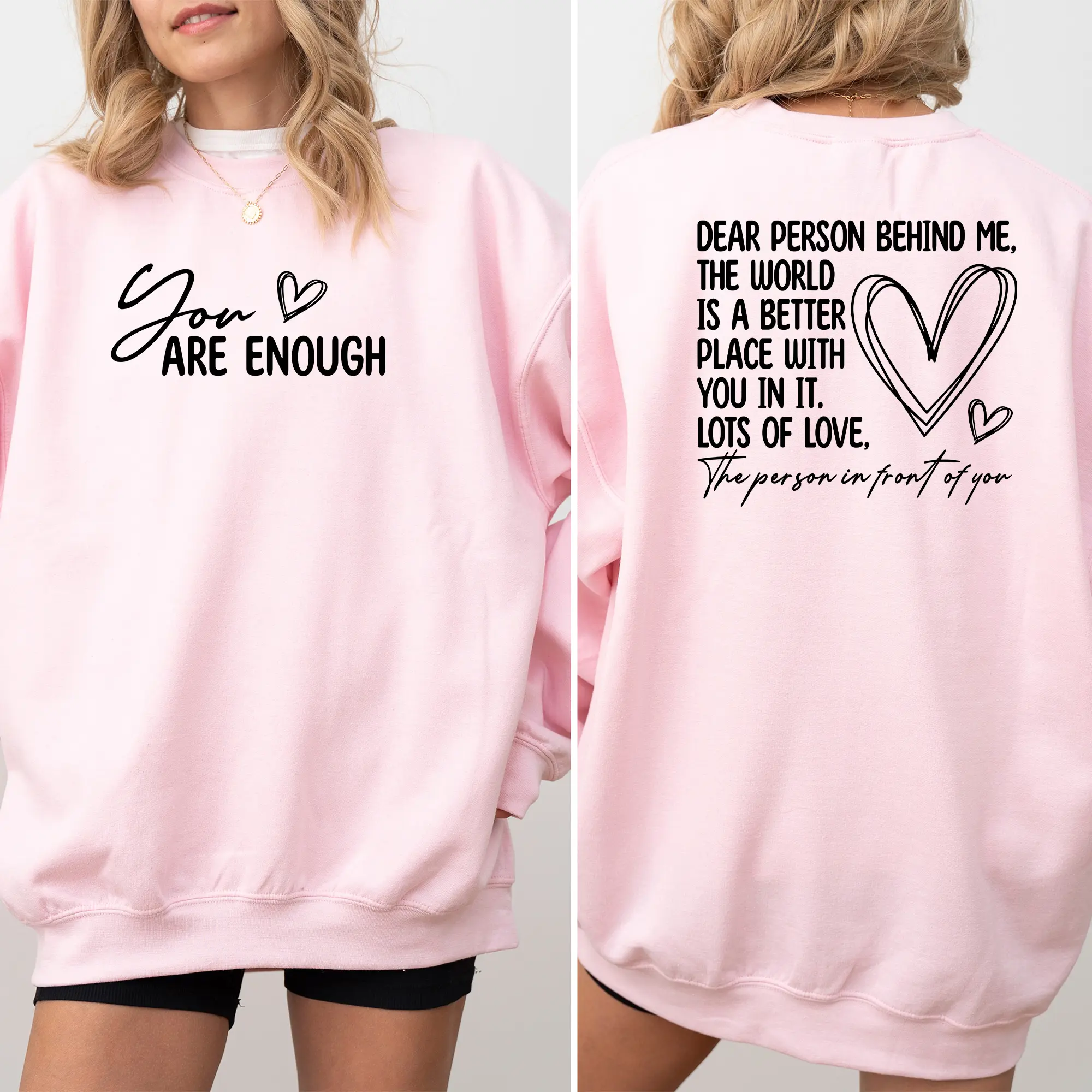 Women's Fitted Long Sleeve Cotton Ribbed Round Neck Athletic Sweatshirt - Polyester-Spandex Yarn Fabric, Printed Casual Pullover with Positive Messages "You Are Enough" and "The World Is A Better Place With You In It"