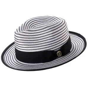 Pandora Collection: Montique  Black Striped Fedora Hat with Ribbon Band