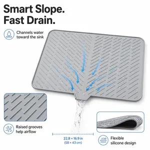 Large Silicone Dish Drying Mat 20.9 x 18.9 in, Self-Draining Dish Drainer Mat with Built-in Drain Lip for Kitchen Counter, Easy Clean Foldable Sink Side Mat