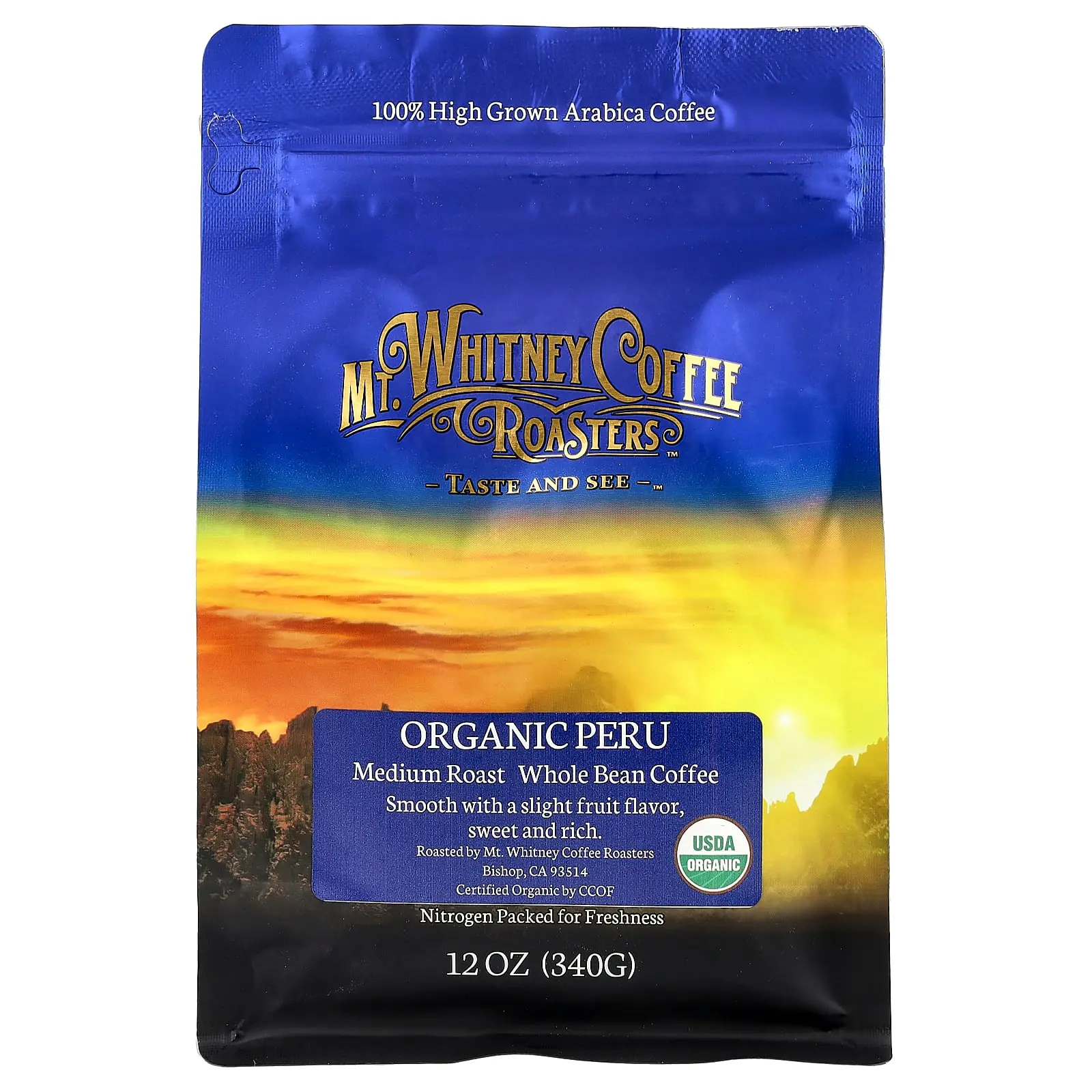 Mt. Whitney Coffee Roasters Organic Peru, Whole Bean Coffee, Medium Roast, 12 oz (340 g)