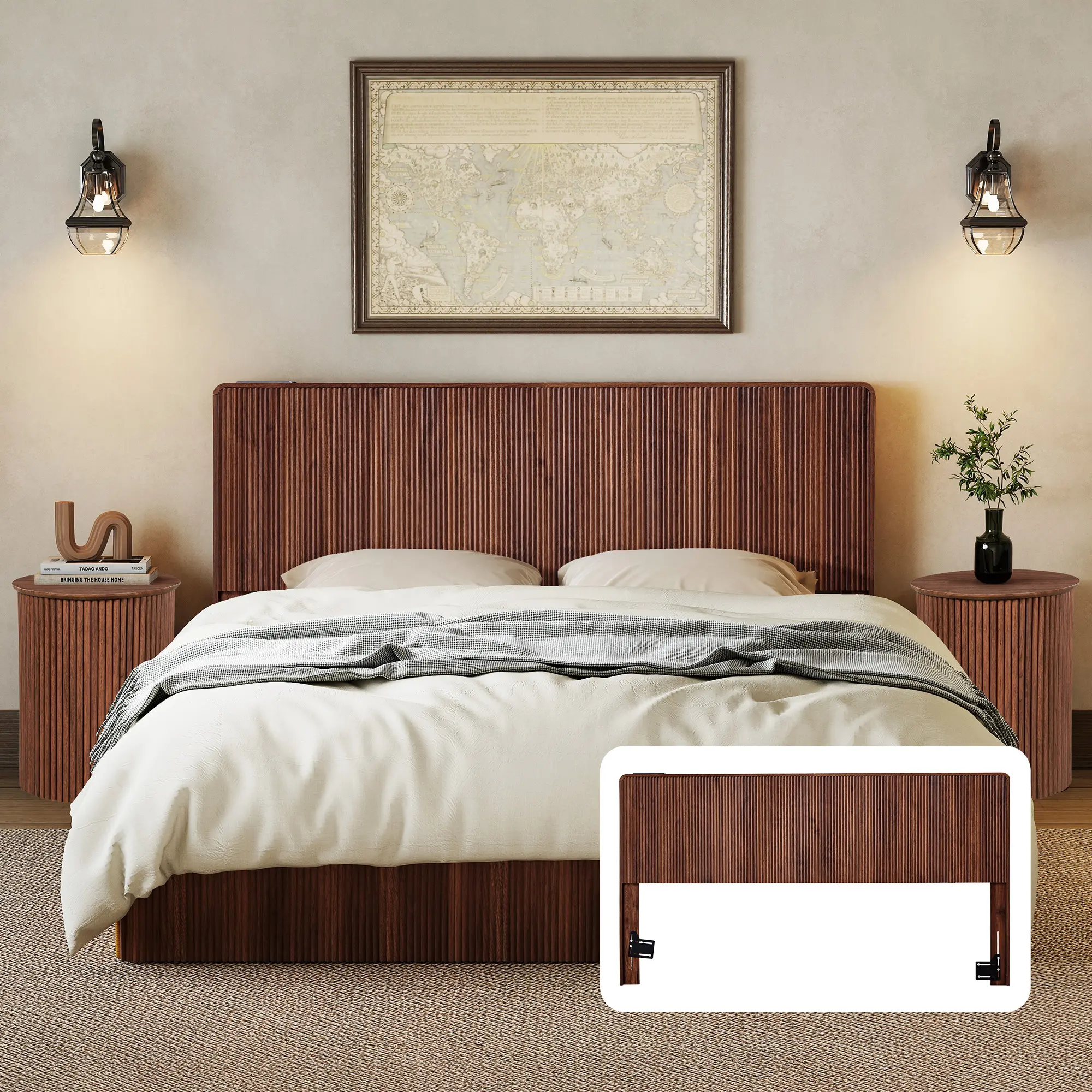 Giratree Wood Headboard with Charging Station, Fluted Wall Mounted Headboard with 2 Outlets, USB and Type-C Port for King or Queen Beds, Bedroom Furniture