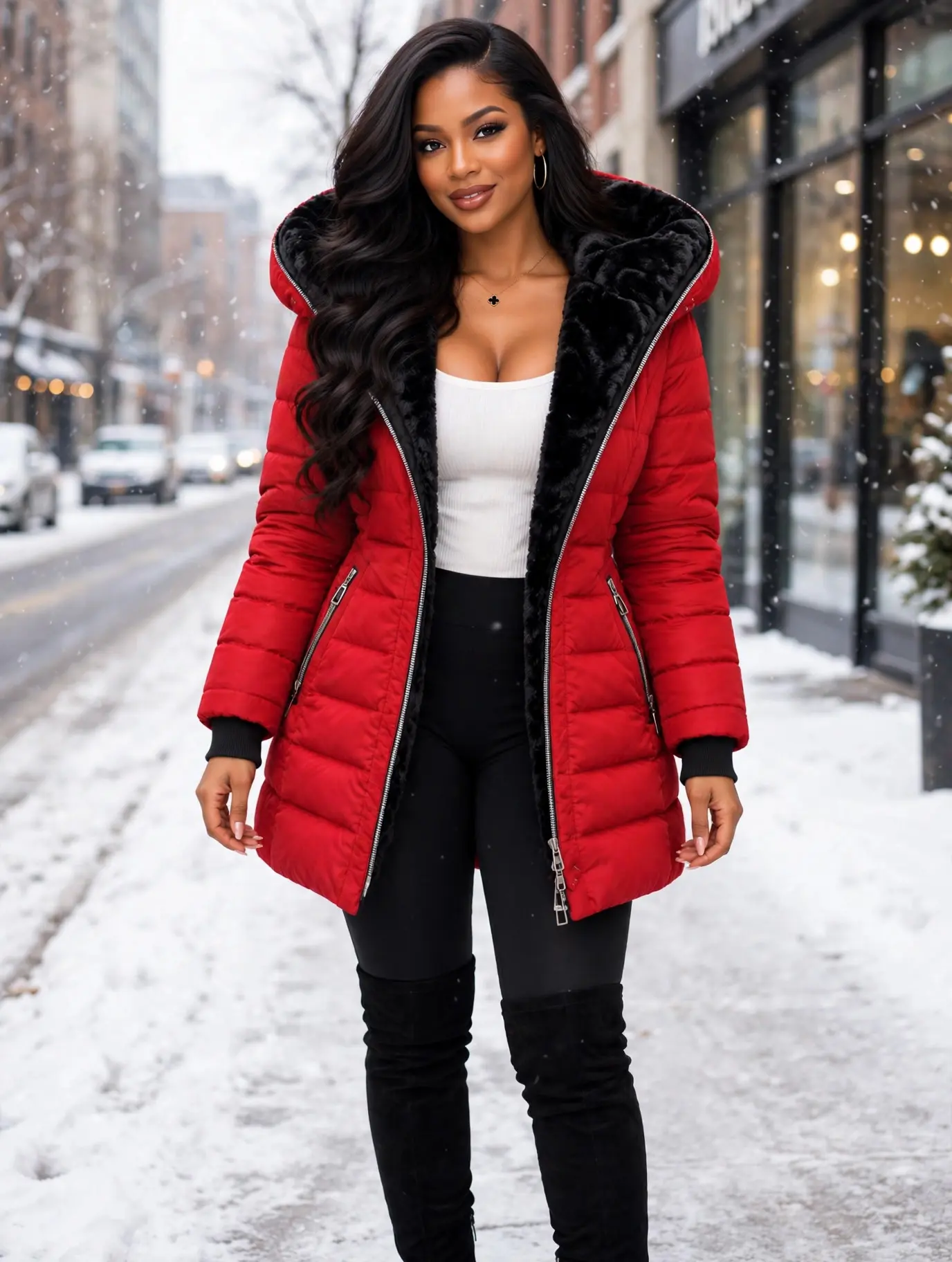 Women's Hooded Winter Puffer Coat, Plush Faux Fur Lined Warm Padded Jacket, Slim Fit Zip Up Parka for Cold Weather