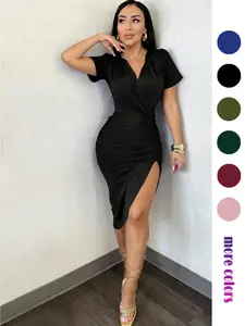 Elegant Pleated Collar Dress, Short Sleeve Summer Dress, Split Hem, Perfect for Parties, Weddings, Office Wear, Women's Fashion