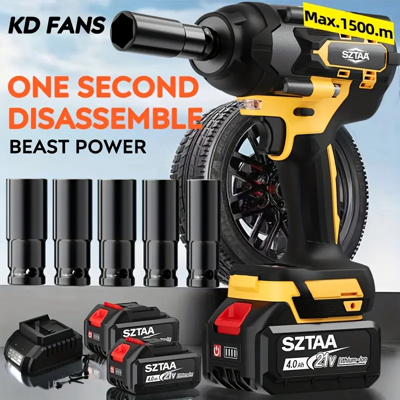 750N.m Cordless Impact Wrench, All-Metal Cordless Impact Gun with 2 * 4.0Mah, 3-IN-1 Electric Impact Wrench with 5 Sleeves, High Torque 1/2 Impact Wrench
