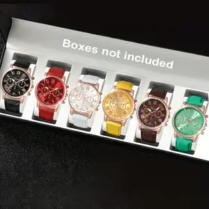 Fashion Men's Quartz Watch Set, Quartz Movement, PU Leather Strap, Round Plastic Case, Button Battery Powered, Unisex Ideal Gift, 5/6 Piece Combo, Modern Trendy Watch