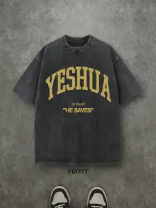 Retro Washed T-Shirt Single-Sided Printed (230 Pure Cotton T-Shirt) 'YESHUA HE SAVES' Letter And Pattern Print, Christian Gift, Mens TShirt, Mens Shirt Casual, Comfortable, Fashionable T-Shirt, Street Style C