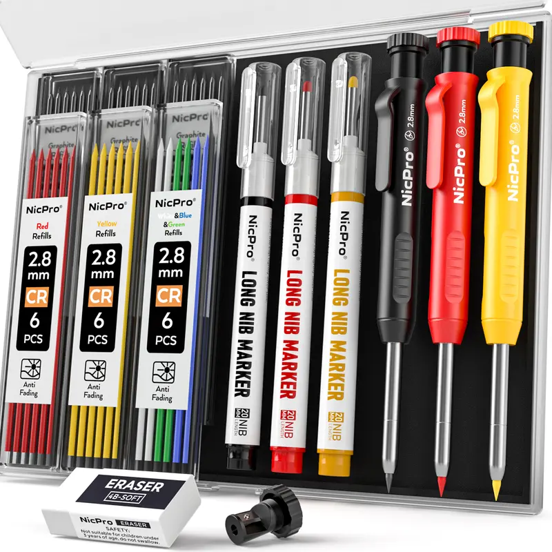 Nicpro 2.8mm Mechanical Carpenter Pencils with Sharpener, Refills & Deep-Hole Long Nib Markers - Mechanical Drawing Pencils, Stationery Supplies for Construction Woodworking - Marks Wood & Metal, Wet Materials