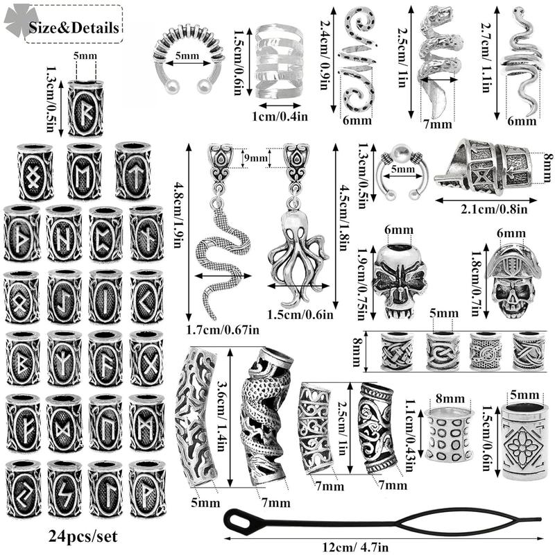 207 count  Hair  Nordic Runes Tube Beads,Accessories Kit for Braids Dreadlock Beard Locs,Metal Clips Cuff Rings,Braiding Beard Decoration Bracelets Pendant Necklace DIY