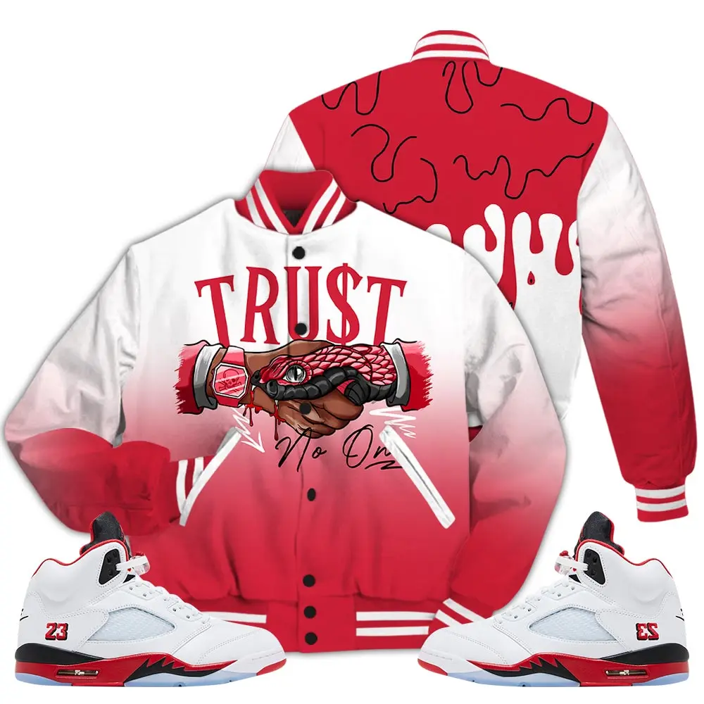 5 Fire Red Varsity Jacket, 2025 Fire Red Black Tongue 5s Letterman Jackets, Snake Trust No One Unisex To Match Sneaker Outfit Athletic Casual Fabric Knit