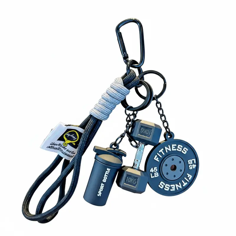 Unisex 3-Piece Inspirational Geometric Fitness Keychain Set - Silicone 10kg Dumbbell, Kettlebell, 45 lb Weight Plate Charms, Soft Nylon Lanyard, Metal Buckle, Keychain for Bags, Birthday Commute Gift (Note: Choking Hazard Small Parts)