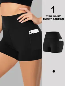 Women'S High-Waist Summer Shorts with Pockets - Elastic Polyester Blend, Elegant Solid Color, Side Pockets for Phones and Accessories, Machine Washable, No Print, Glossy Finish, Pants, Cycling Shorts, Casual Shorts Black Minimalist Basic Fitted Womenswea