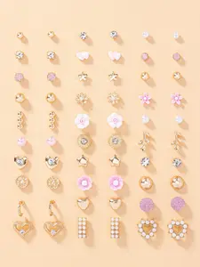 30 Pairs Women's Elegant Rhinestone & Faux Pearl Decorated Stud Earrings, Heart & Flower & Leaf & Star Design Stud Earrings, Fashionable Jewelry For Women & Girls For Daily & Party Decoration