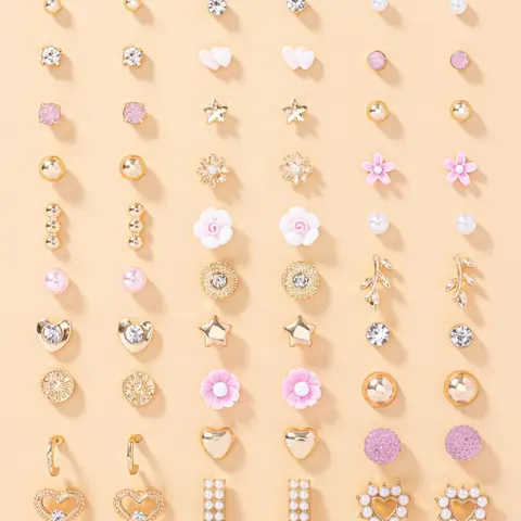 30 Pairs Women's Elegant Rhinestone & Faux Pearl Decorated Stud Earrings, Heart & Flower & Leaf & Star Design Stud Earrings, Floral Stud Earrings, Fashionable Jewelry For Women & Girls For Daily & Party Decoration Stud Earrings Set