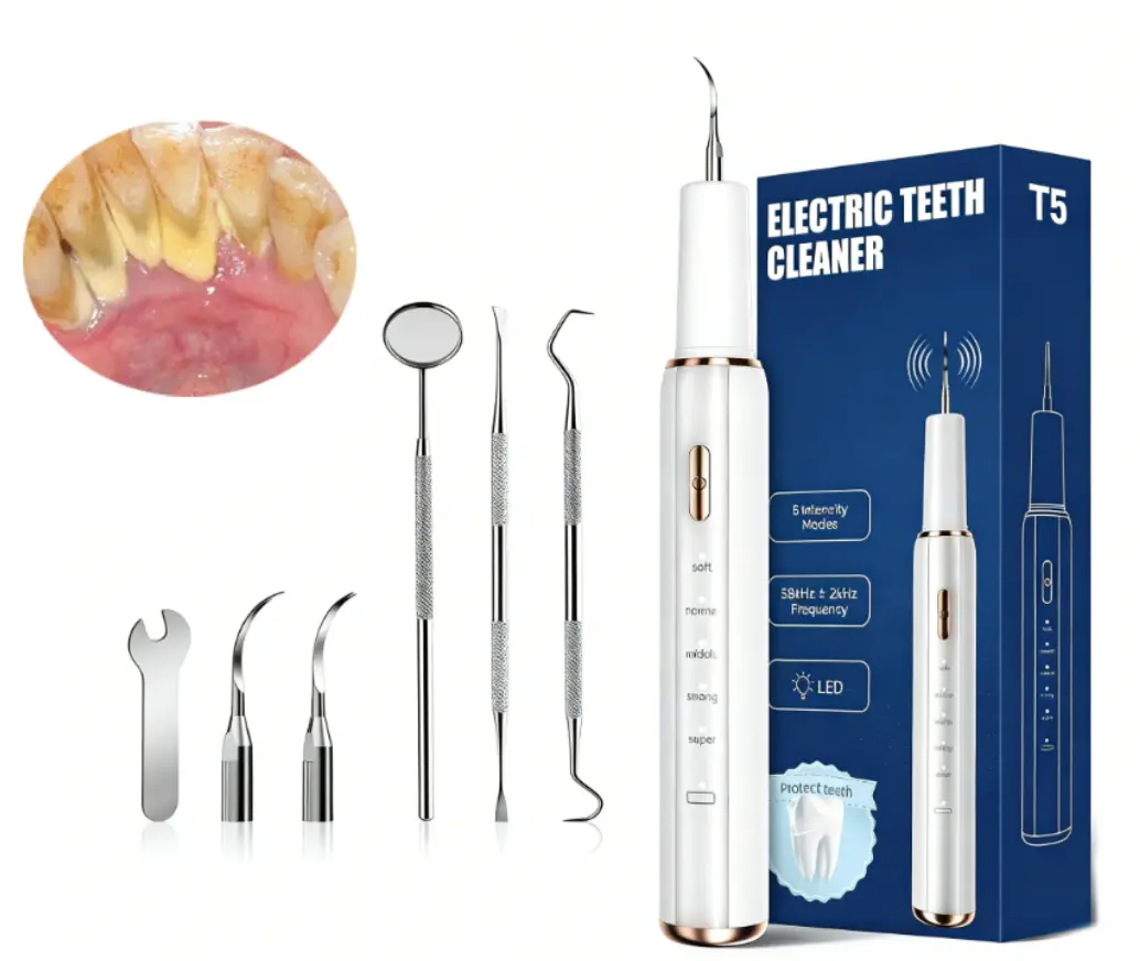 Oral and dental cleaner electric tartar remove rechargeable 5-mode dental care set includes dental cleaning tools for teeth cleaning safe for adults and pets  detachable and adjustable