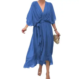 Women's 2026 New Solid Color Batwing Sleeve Maxi Dress, Tie Waist Irregular Hem Plus Size Casual Long Dress