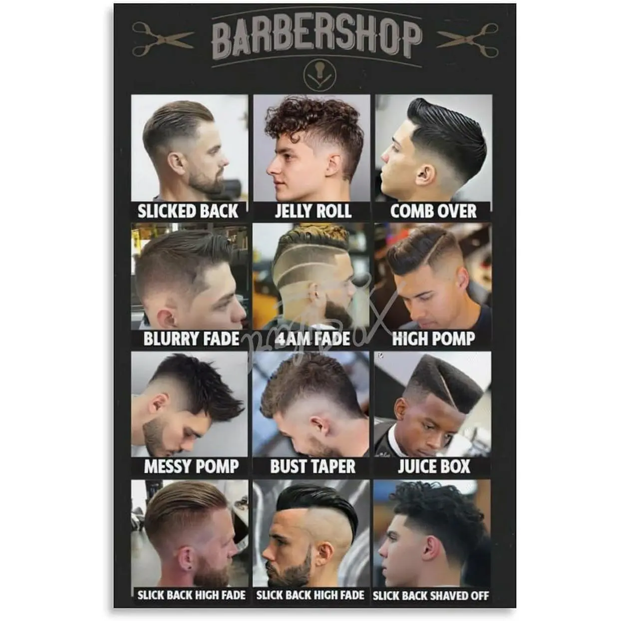 Men's Haircut Styles Poster with Names, 12 Fade And Taper Barbershop Wall Decor Canvas Painting Wall Art