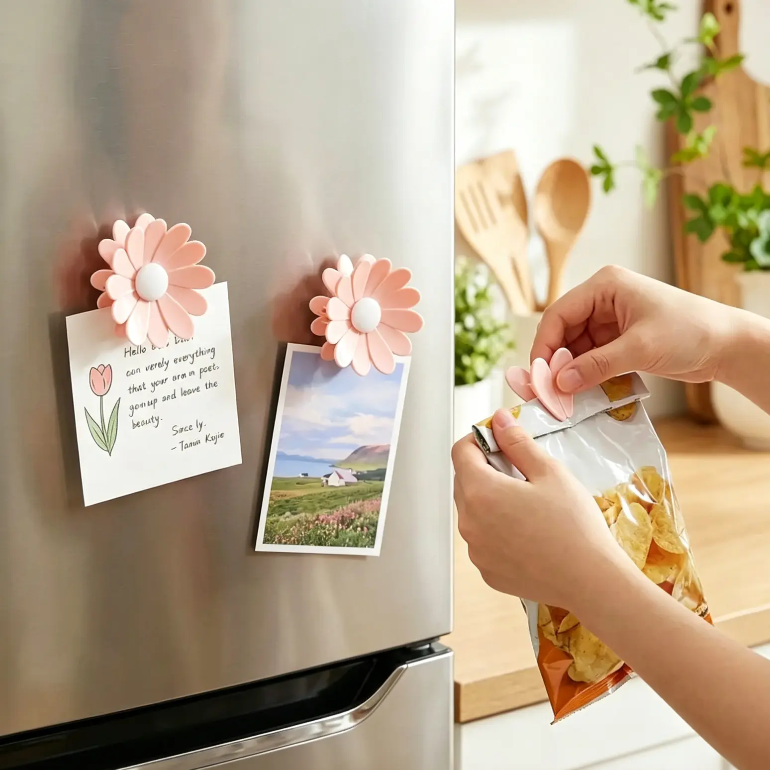 Magnetic Cherry Blossom Food Sealing Clips Set – 12 Bag Clips + 2 Strong Magnetic Base for Snacks, Bread & Pet Food Storage