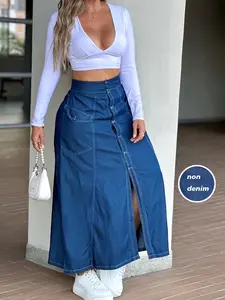 New Summer Autumn High-Waisted Retro Vintage Half Skirt, Women's Button Front Split Hem Casual Long Dress (non-Denim), Fashionable and Comfortable