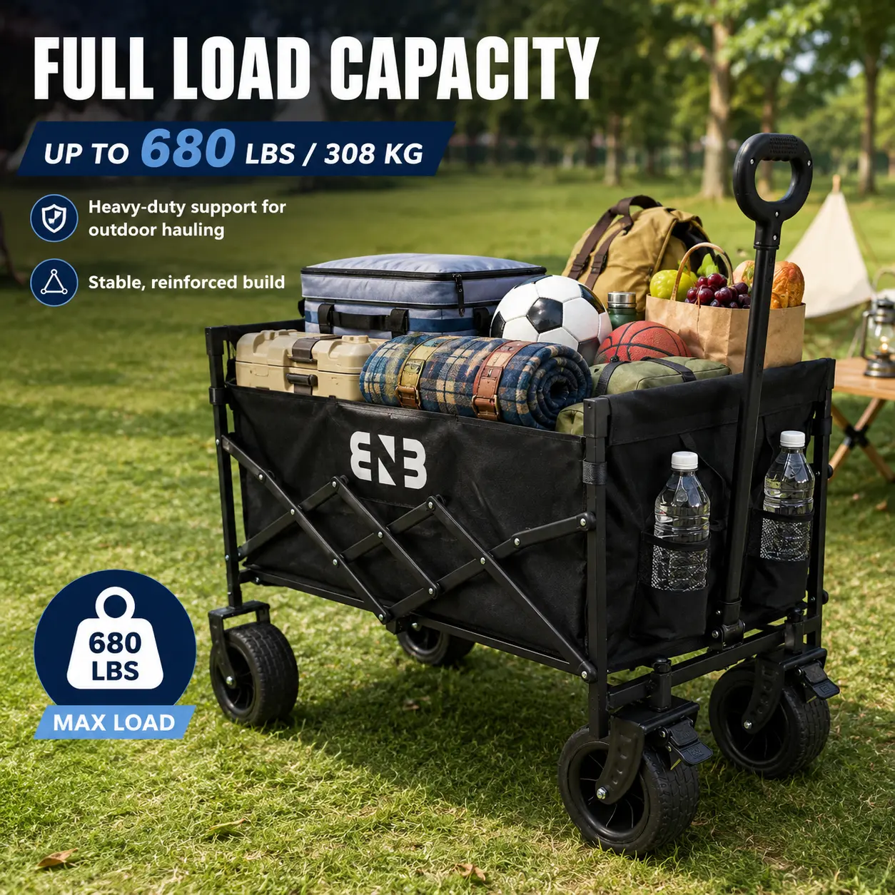 Foldable sports equipment transport cart—an all-terrain heavy-duty multi-purpose handcart equipped with 360° wheels and a reinforced frame, made of Oxford fabric, suitable for training and competition.