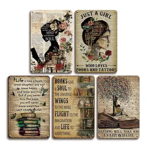5 Pcs Book Lovers Metal Tin Signs, Vintage Reading Wall Art Decor, Home Decor Products, Retro Bookish Quotes Just A Girl Who Loves Books and Tattoos for Library Classroom Bedroom Home Office, Bookworm Gift